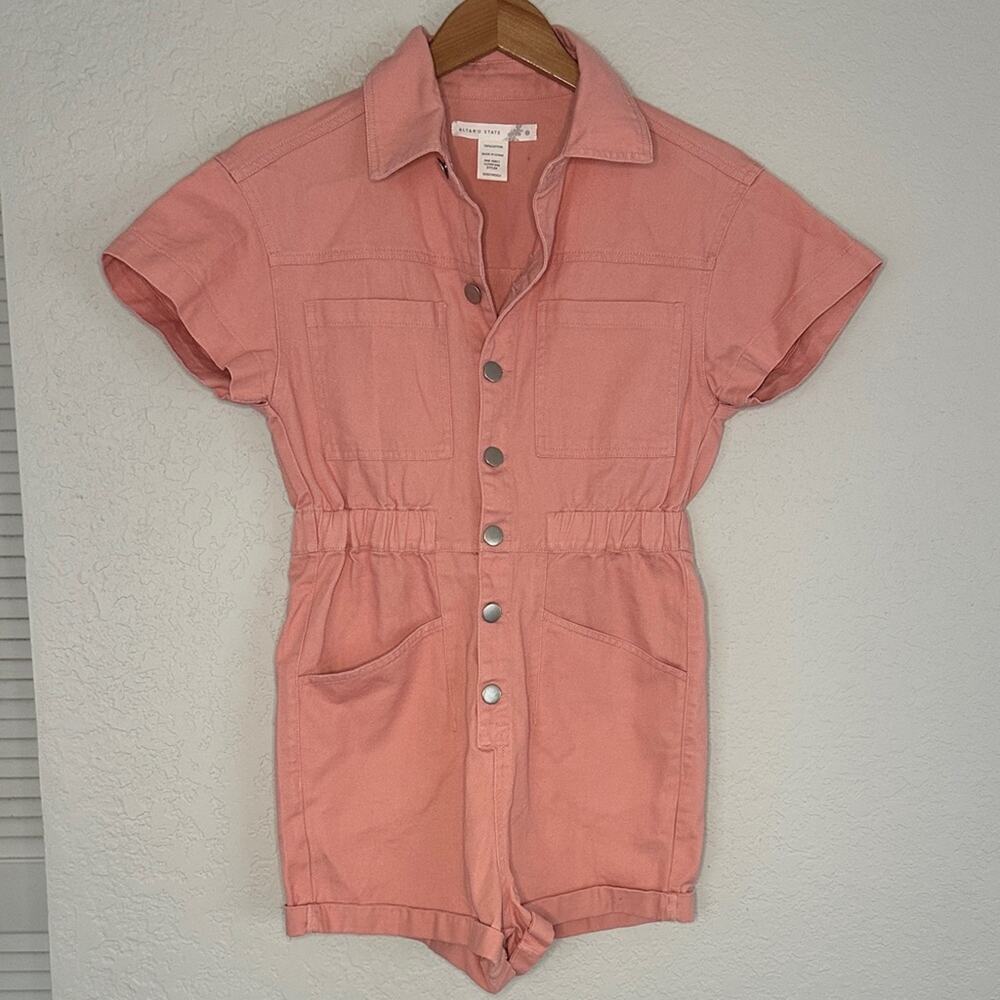 NEW Altar'd State Pink Button Up Romper Shorts Cargo Utility Playsuit Sporty XS